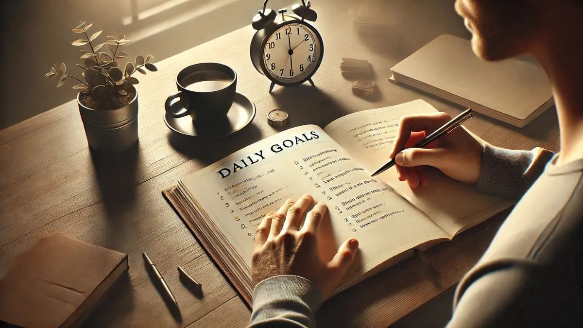 A person writing daily goals in a journal, symbolizing focus, motivation, and productivity.