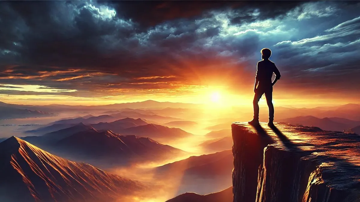 A person standing confidently at the edge of a cliff, symbolizing overcoming fear and embracing growth.